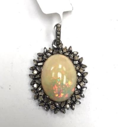 Oval Shape Opal and Diamond Pendant