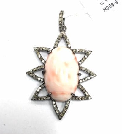 Pink Coral Oval Cabochon Diamond Pendant