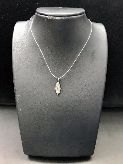 Hamsa Hand Diamond Necklace .925 Oxidized Sterling Silver Diamond Necklace, Genuine handmade pave diamond Necklace Size Approx 0.68 "(17 x 12 MM)