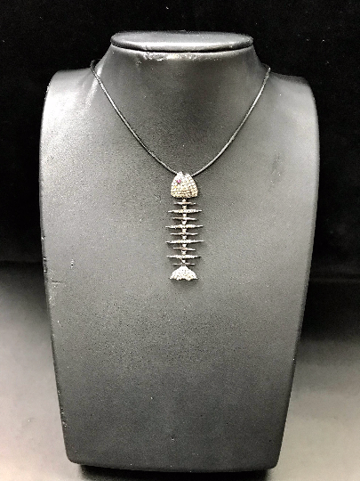 Diamond Skeletal Fish Diamond Pendant, Pave Diamond Pendant, Skeletal Fish Necklace, Approx 43 x 16mm. Sterling Silver