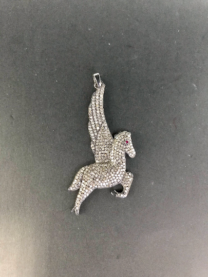 Diamond Angel Horse Pendant, Pave Diamond Pendant, Pave Angel Horse Necklace, Appx 55 x 20mm. Sterling Silver
