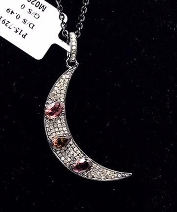Crescent Moon with Gemstone and Diamond Pendant