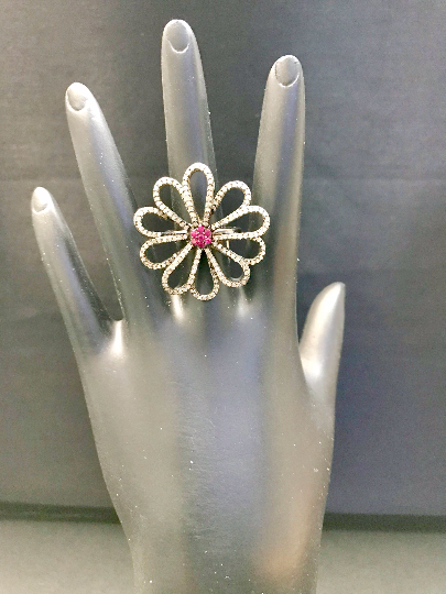 Flower Pave Diamond Ring With Ruby  .925 Oxidized Sterling Silver Diamond Ring, Genuine handmade pave diamond Ring Size Approx 1.32"(33 MM)