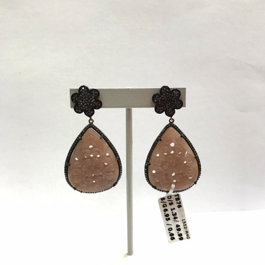 Peach Moonstone Carvings and Diamond Earrings